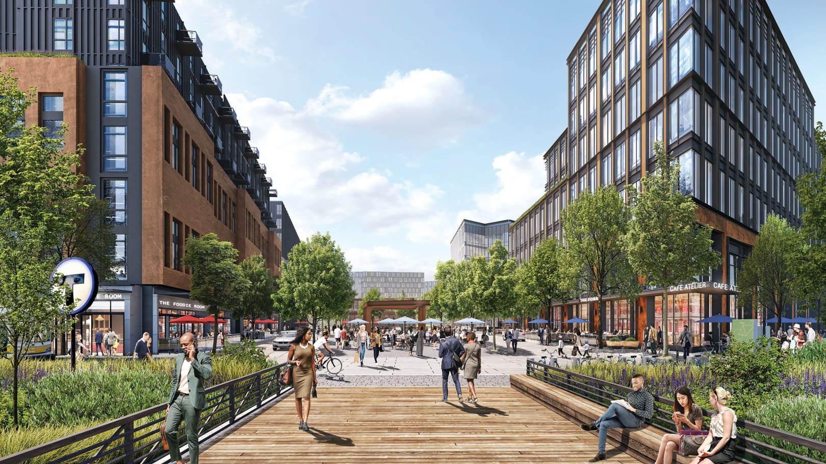 Rendering of a wooden walkway in the midst of greeery, leading to a plaza. The image is vibrant, populated by people enjoying the outdoor space.