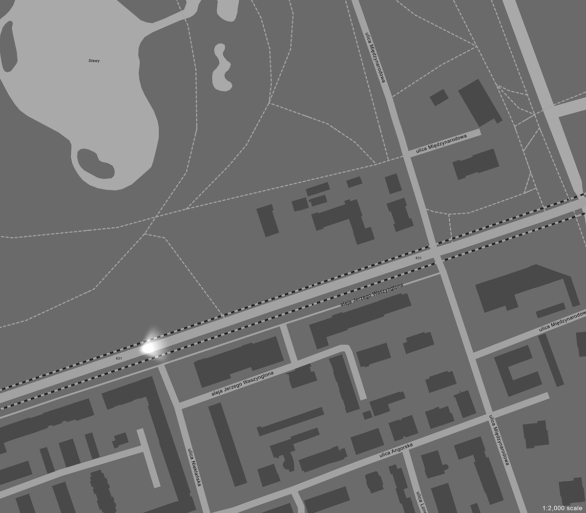 Aerial map of Warsaw, Poland, showing a section of the avenue Jerzego Waszyngtona along the border of Skaryszewski Park.