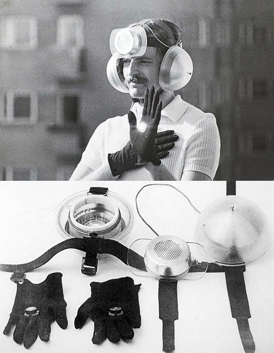 An image of a man wearing an apparatus around his head and gloves on his hands, above an image of the apparatus laid out on a table.