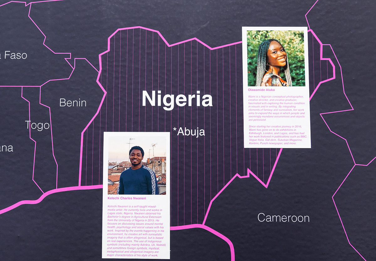 Detail of a map of Africa showing Nigeria and two photographs of different individuals with a short biographical paragraph about each.