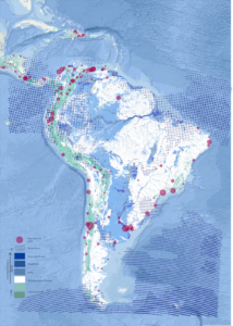 Map of Latin America depicting migrant sock which are concentrated by the coats, precipitation (also by the coasts), as well as rivers, oceans, floodplans, plains, hills/mountains/plateaus, and fluid landmasses.