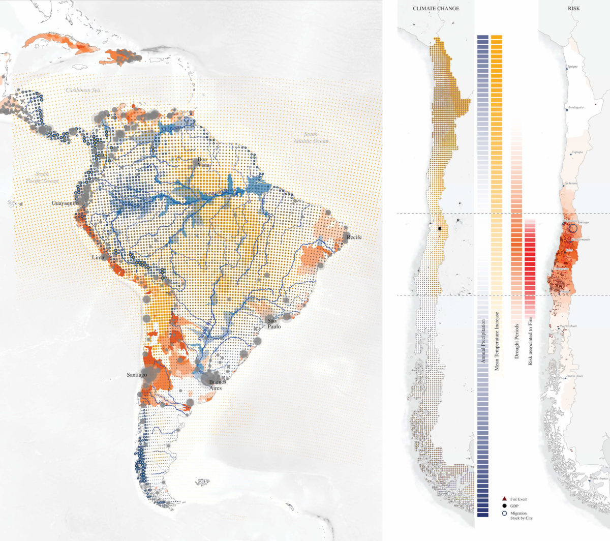 Map of latin america with a detail on chile showing climate change and risk. The area with the most risk is in central chile.