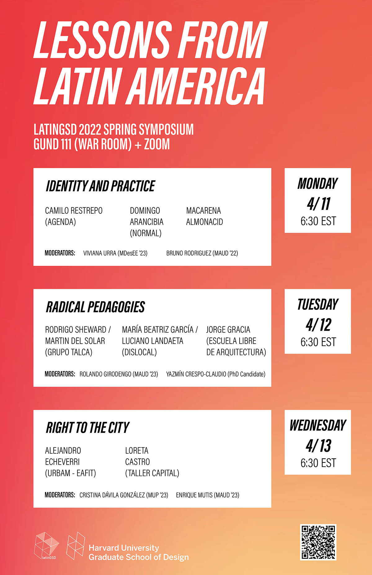 Red and orange poster with white and black text advertising the event "Lessons from Latin America."