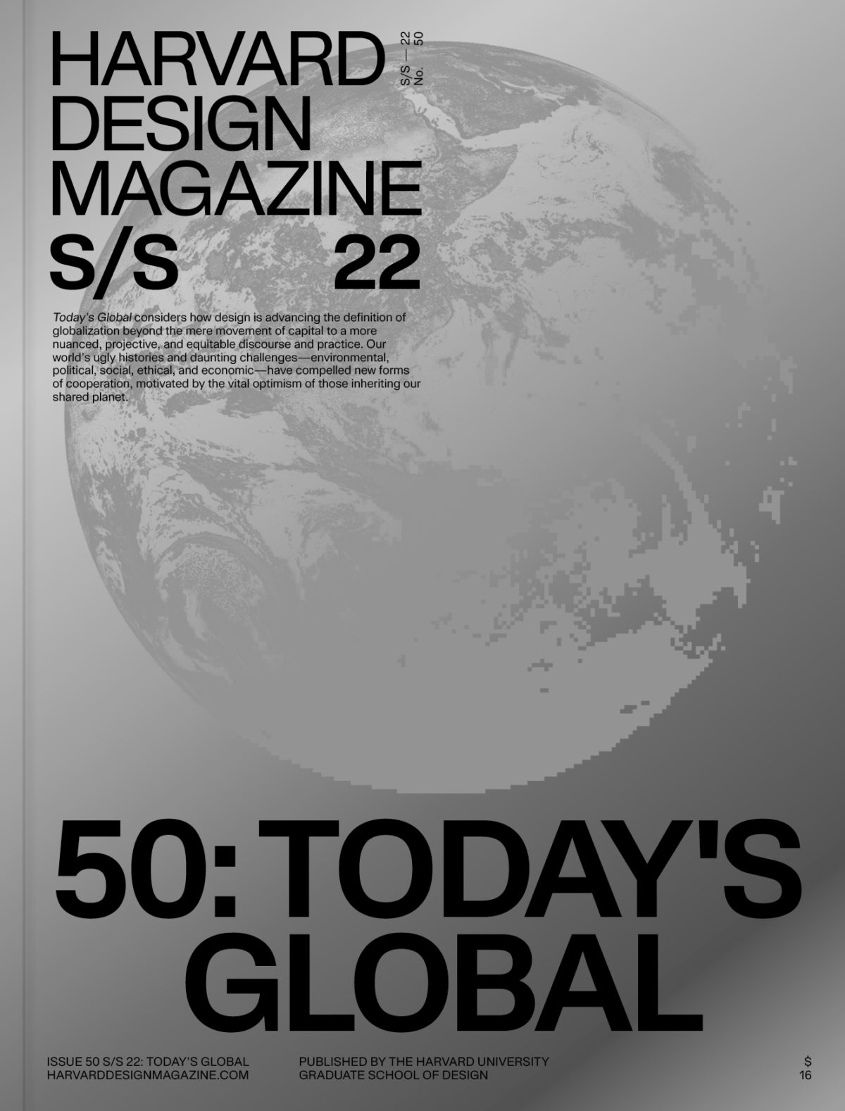 Silver magazine cover with faint image of a globe and text reading 
