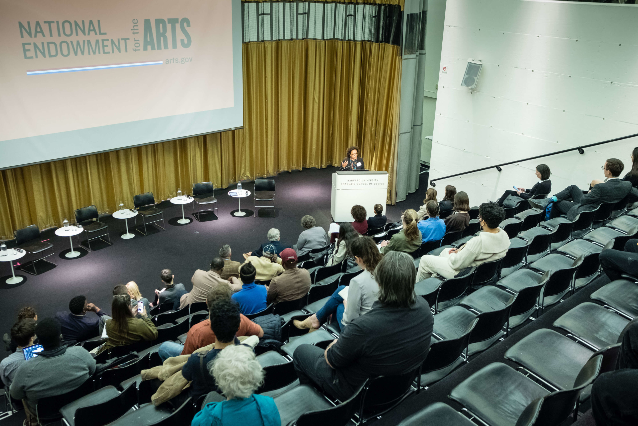 Dr. Maria Rosario Jackson addresses Piper Auditorum in front of a slide that reads National Endowment for the Arts.