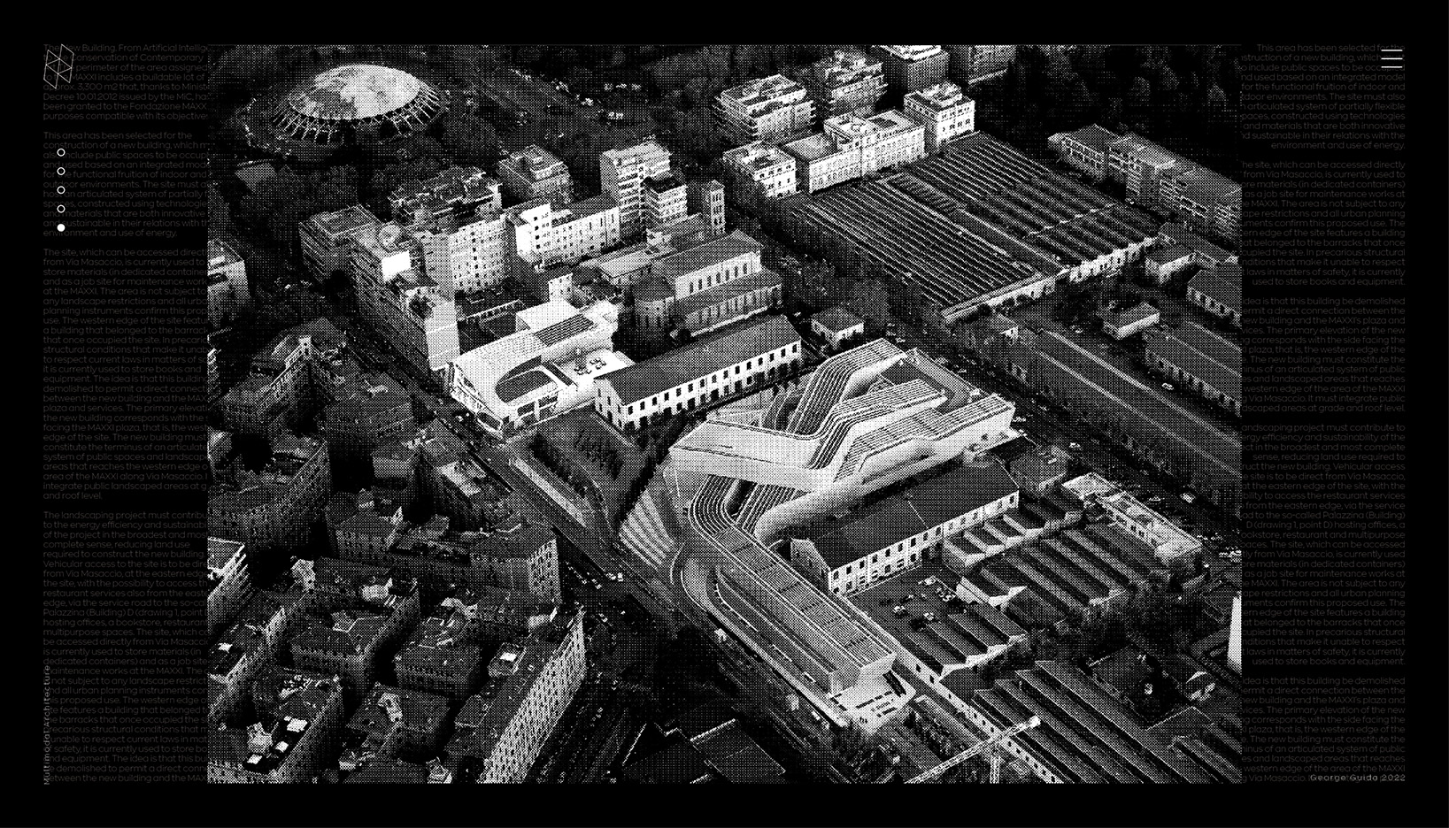 Black and white aerial photo of urban scene.