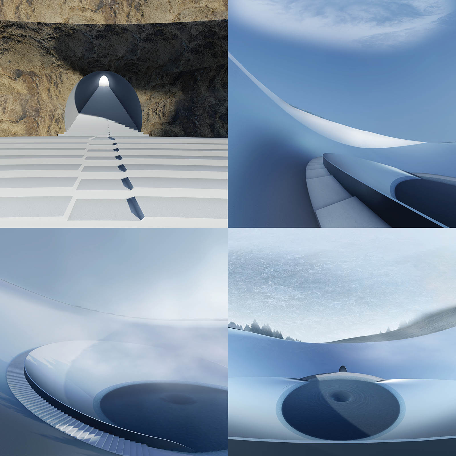 collage of four graphics showing blue curved forms