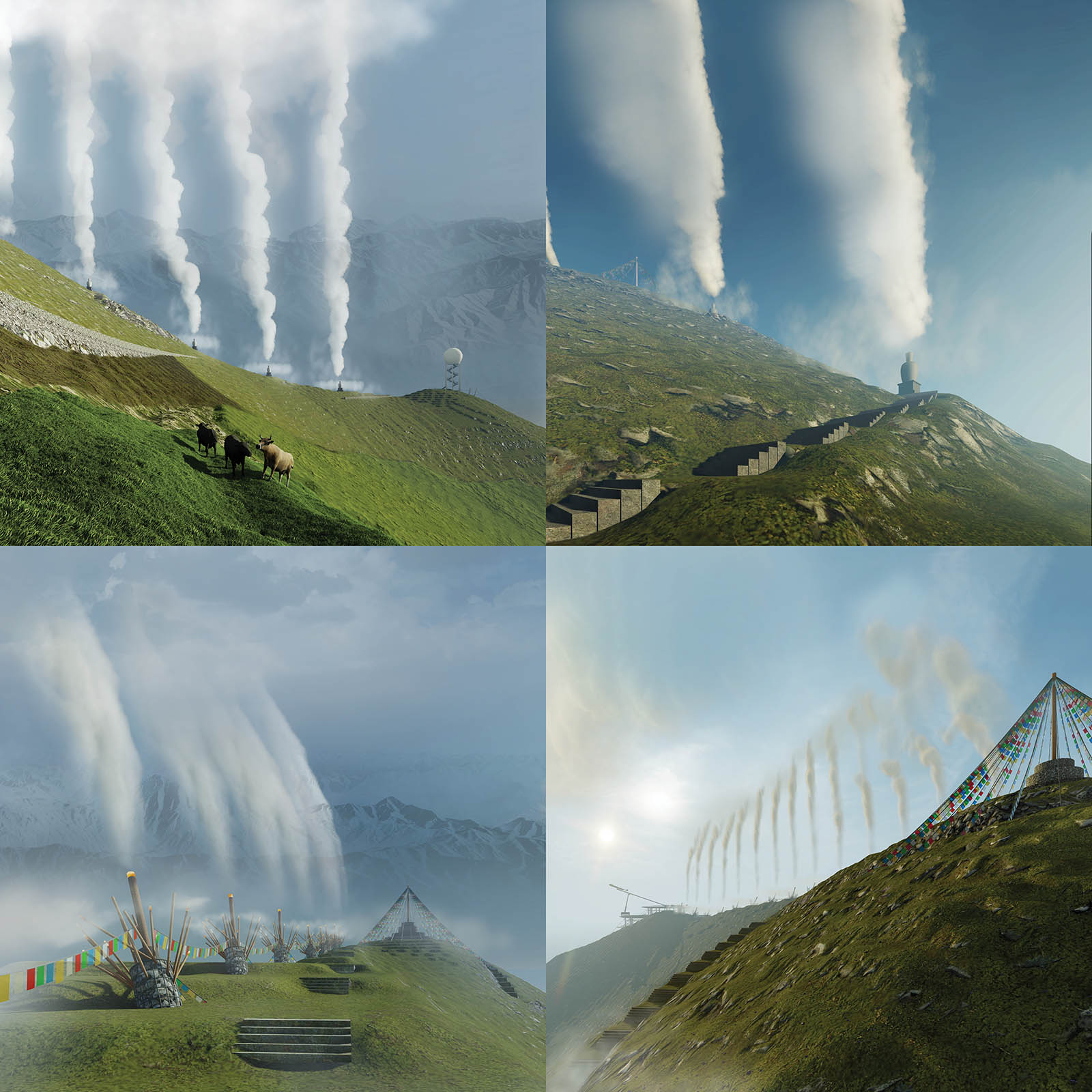 visualization of green mountain side with grey stone pathways and big columns of smoke in the background