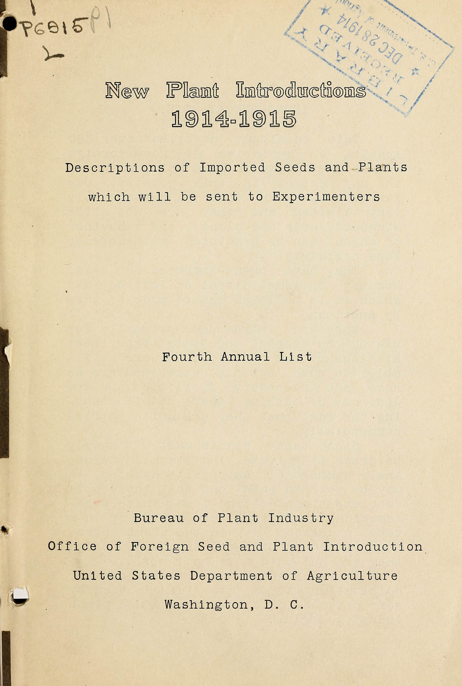 Page from New Plant Introductions Annual List no. 4, 1914-15
