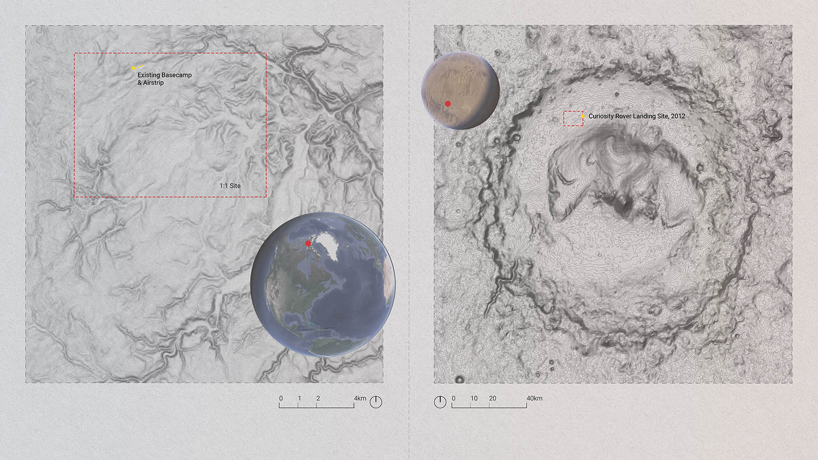 two black and white geographic maps with two small planets collaged on top