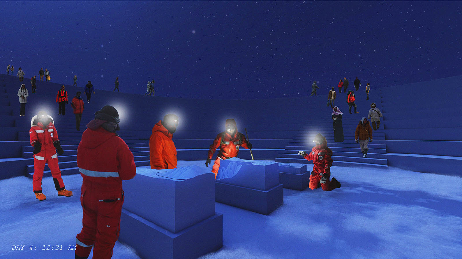 visualization of people in orange jumpsuits with head lamps standing around in icy setting at dusk