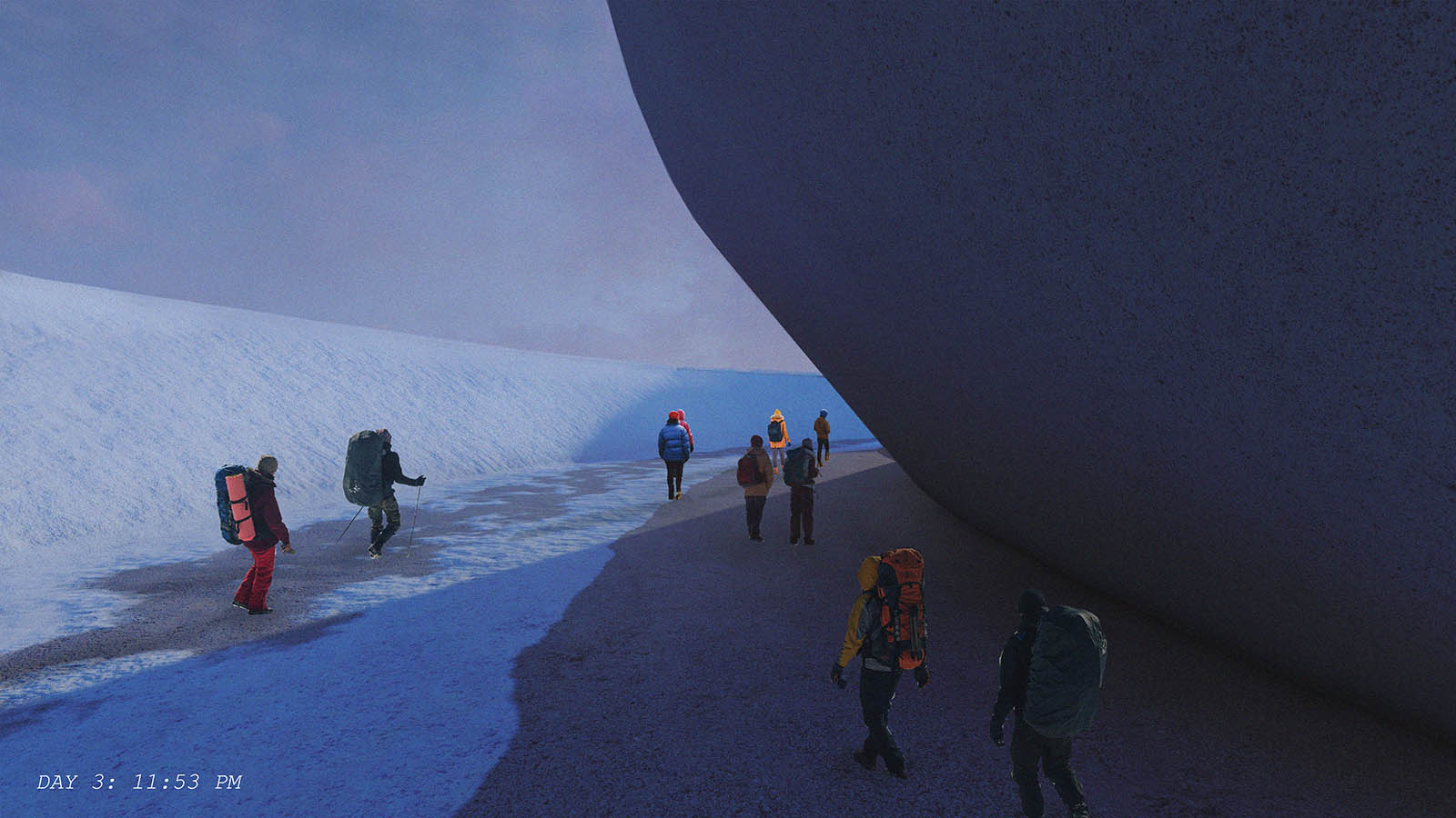 visualization of people in large backpacks walking around in an extraterrestrial setting; large orb in right corner casts a shadow on the scene