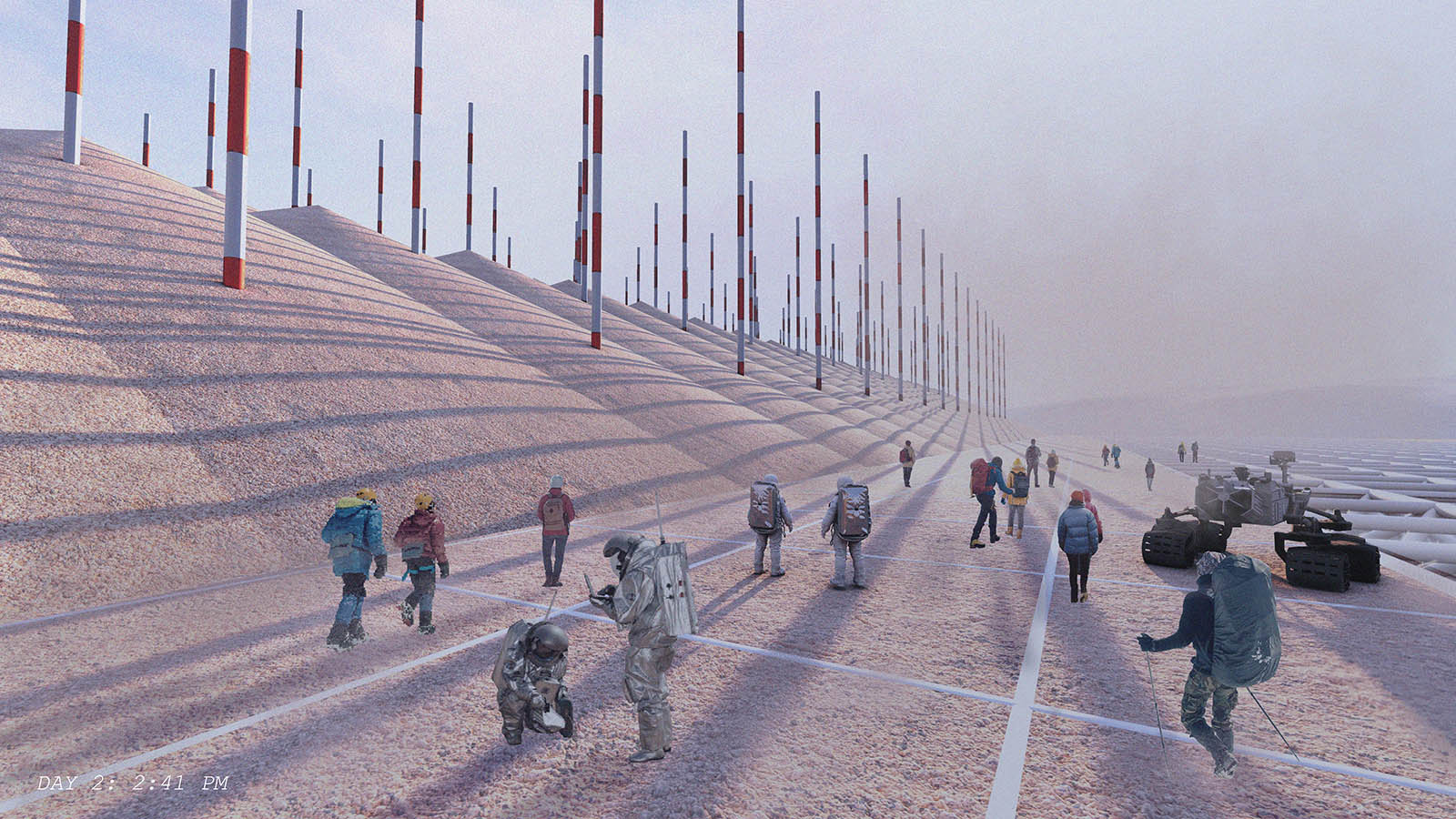 visualization of people in big backpacks and heavy gear walking around a tan landscape; white and red pole structures cover the landscape to the left