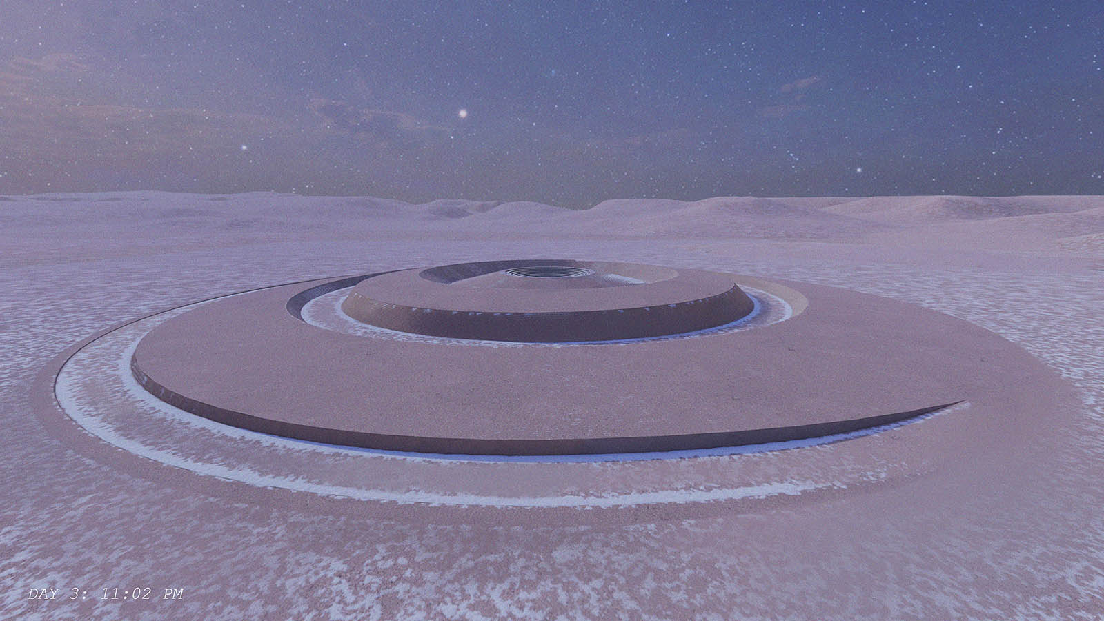 visualization of swirled formation; blue dusk sky in the background