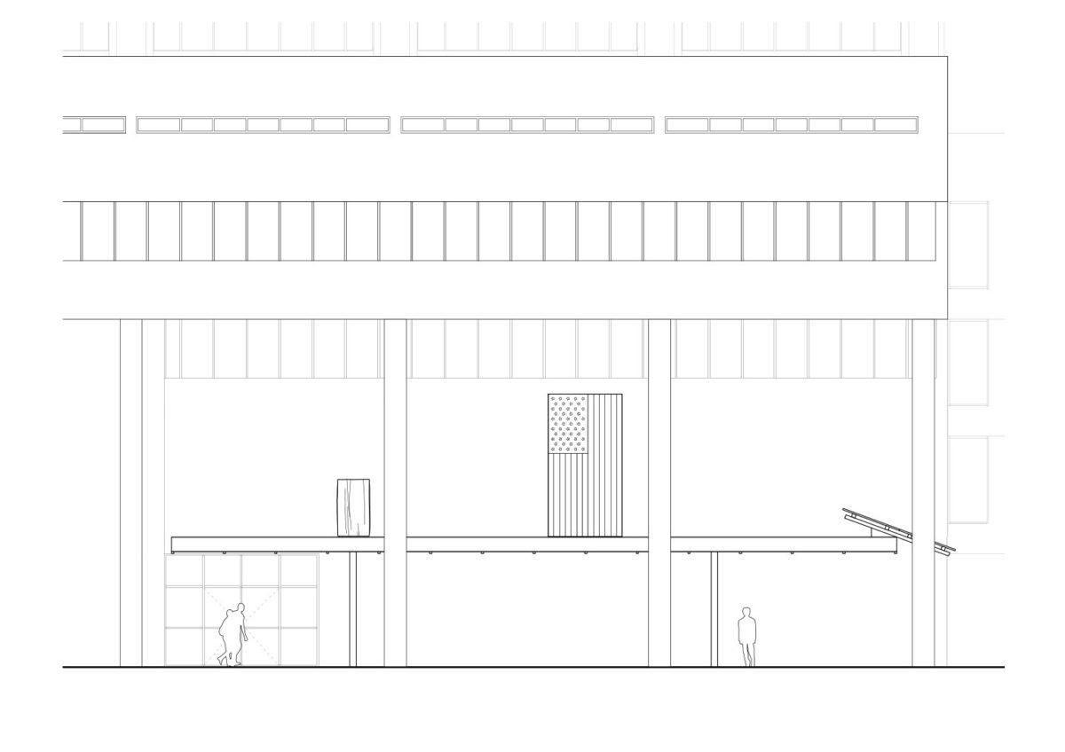 An line drawing of East elevation of the Tange Pavilion