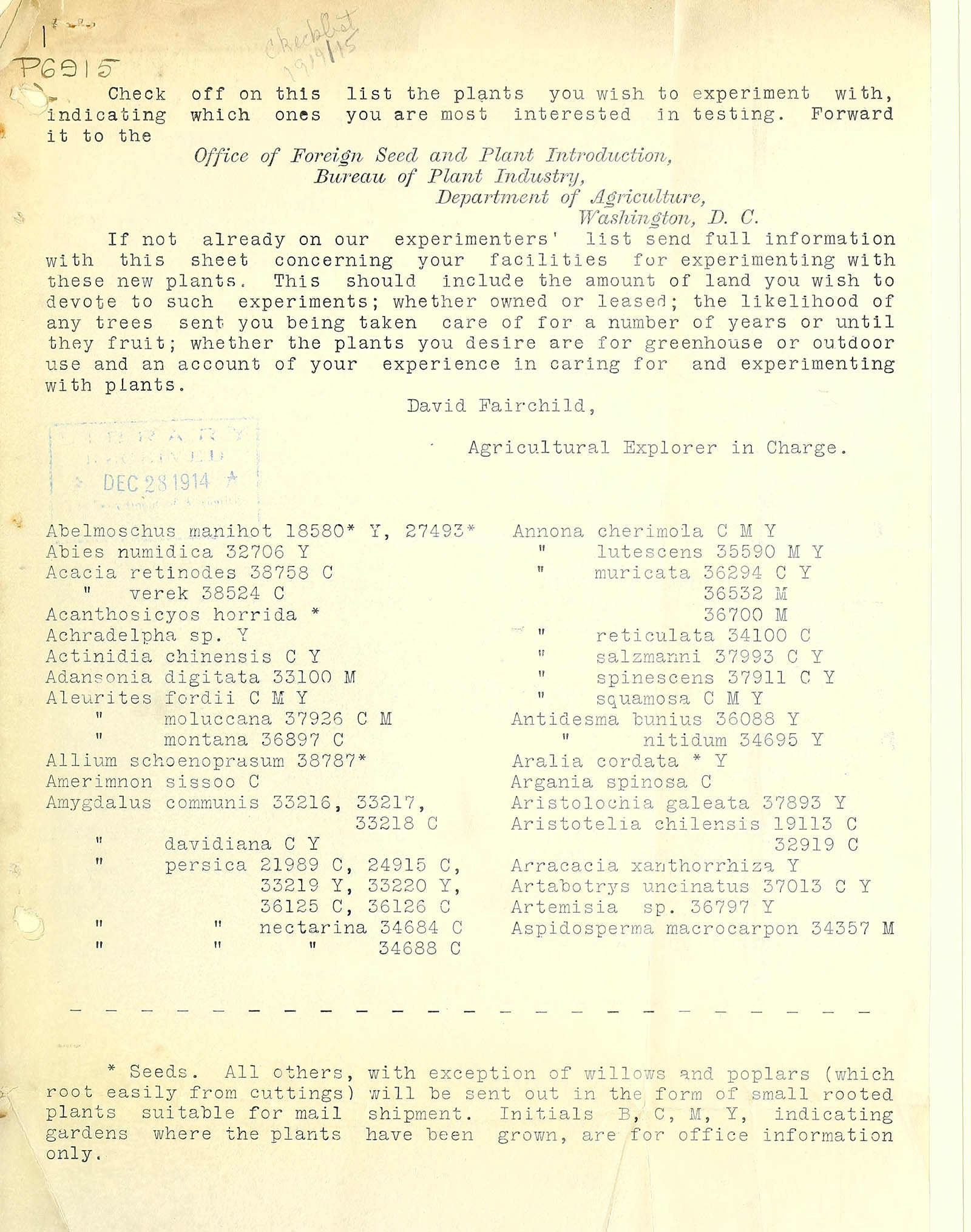 Page from “Check list of new plant introductions ready to be tested by cooperators,” 1914