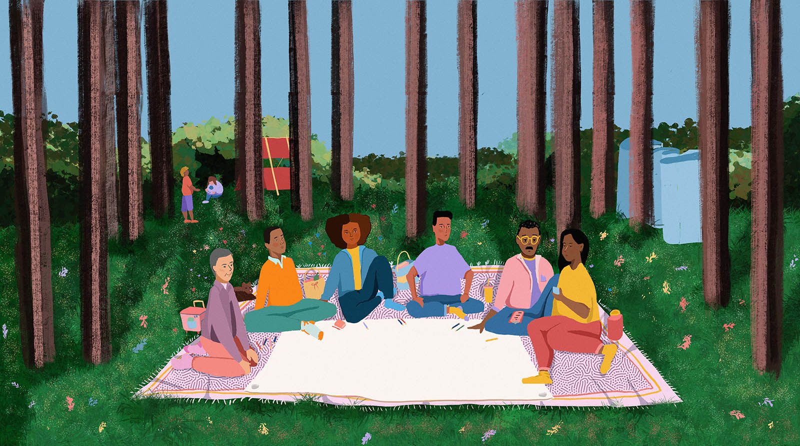 Drawing of people having a picnic in a park, sitting on a blanket
