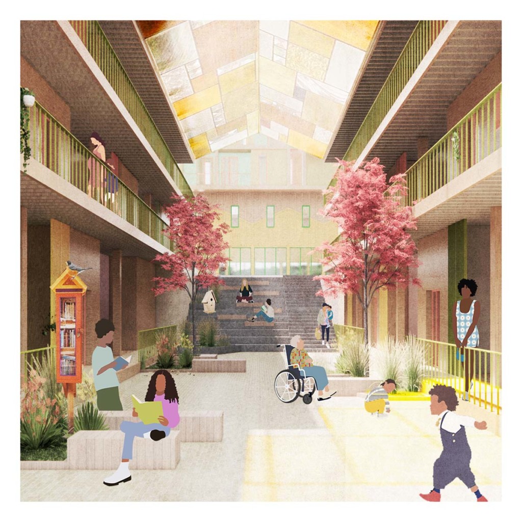 visualization of interior courtyard at apartment complex with wood-clad seating, pink trees, and shared balconies with yellow railings; people of all ages shown in space reading, chatting and playing