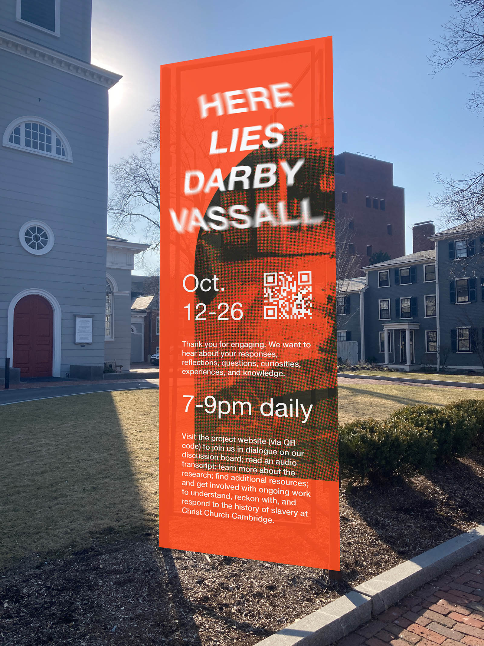 visualization of orange banner post with grass and gray church in backgroun