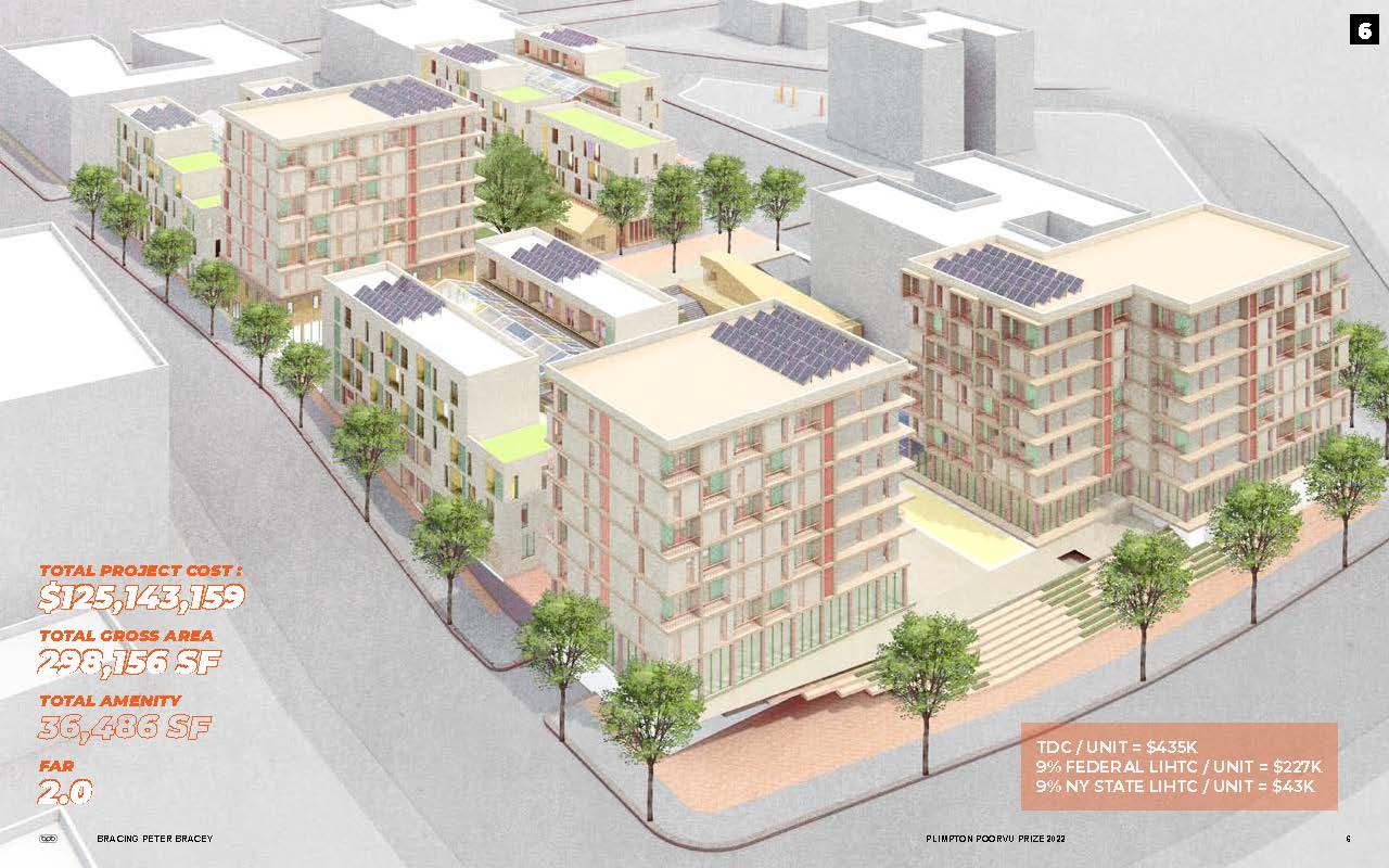 Rendering of complex with information on the project's total cost and size.