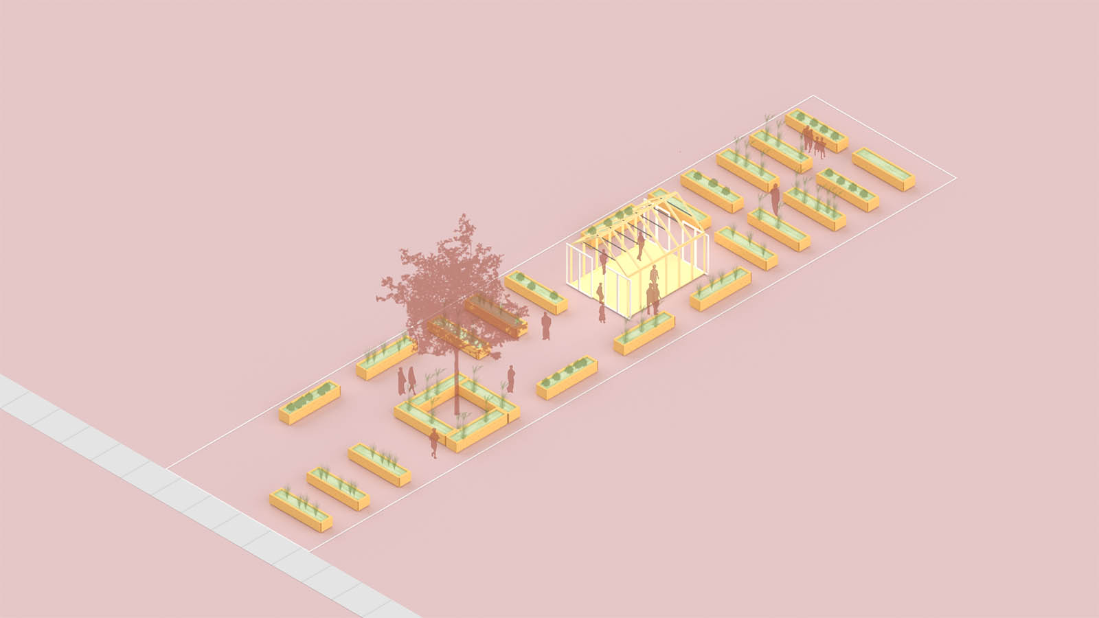 Render of Casita with a tree and a building in the middle and planters scattered around the building and the tree