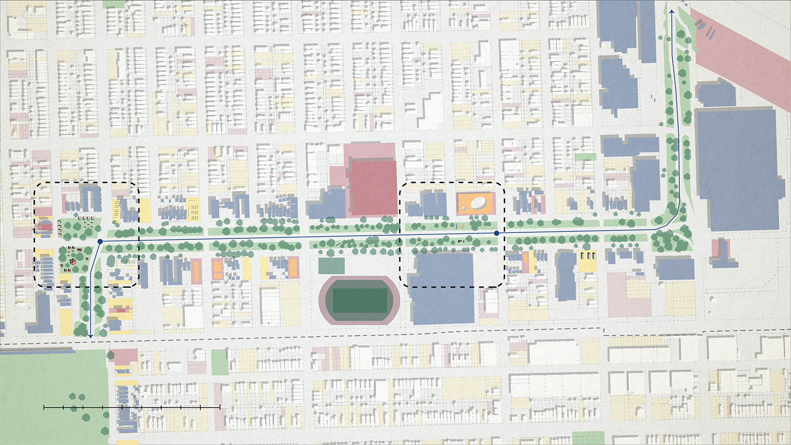 map of chicago with the central boulevard high lighted in color: green, red, blue