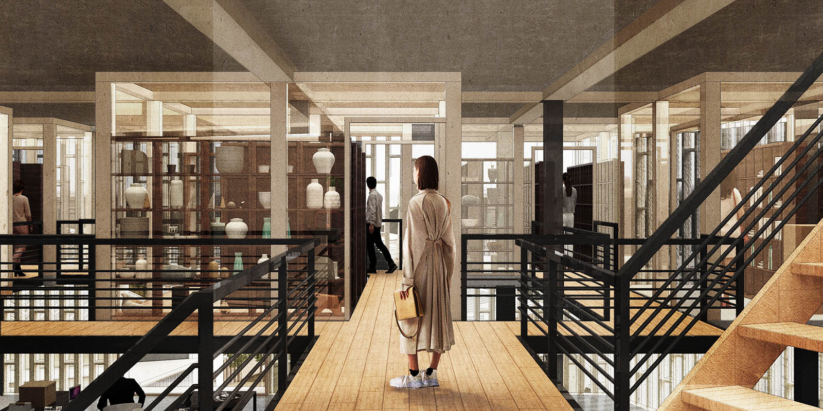visualization of a woman inside a building with staircases to the left and right of her and objects on the shelves