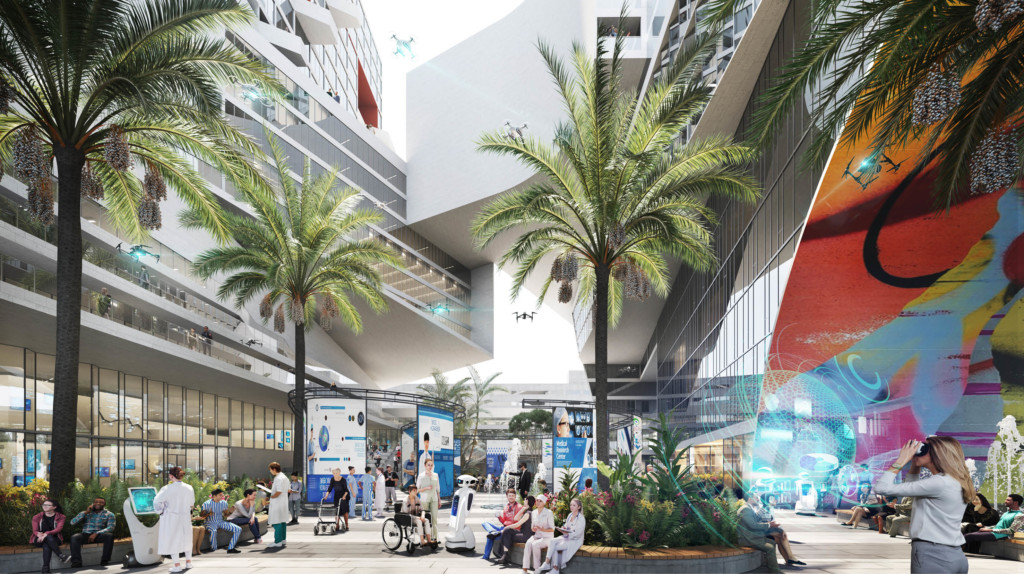 Outdoor space with four palm trees, colorful advertisements and people sitting on benches