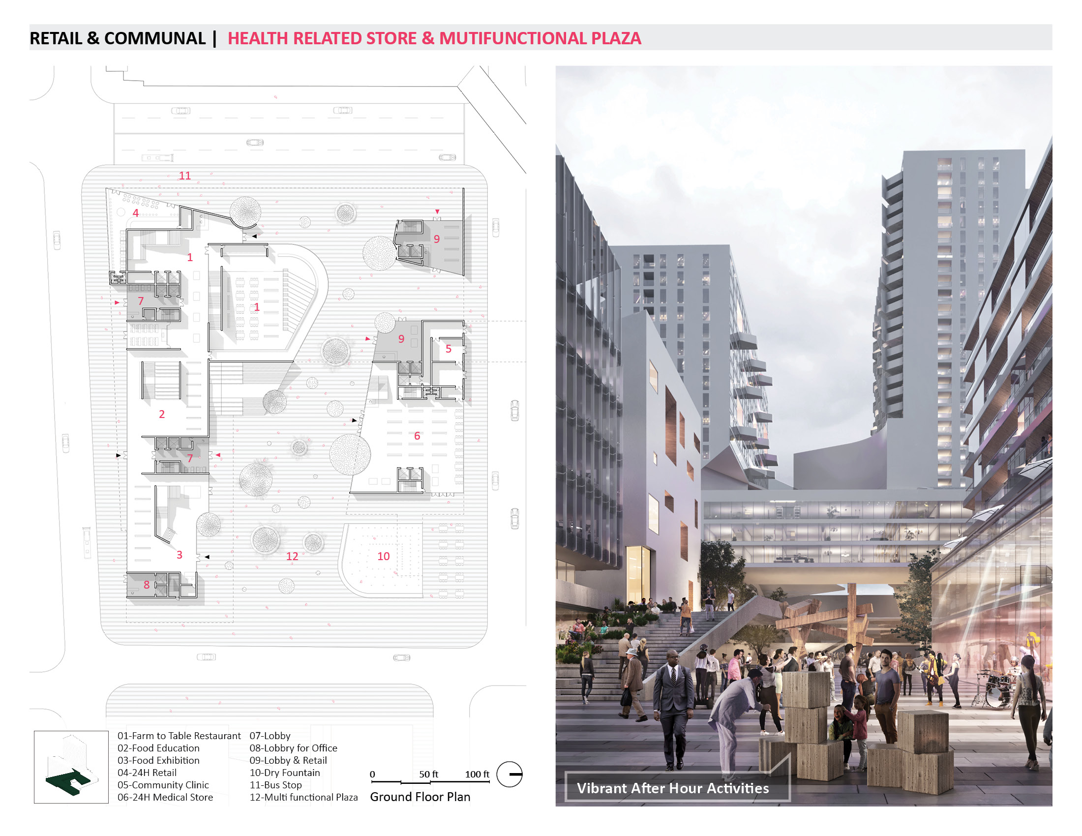 infographic illustrating the plan for the multifunctional plaza at night; visualization shows the white building lit up at dusk with people socializing and commuting in the foreground
