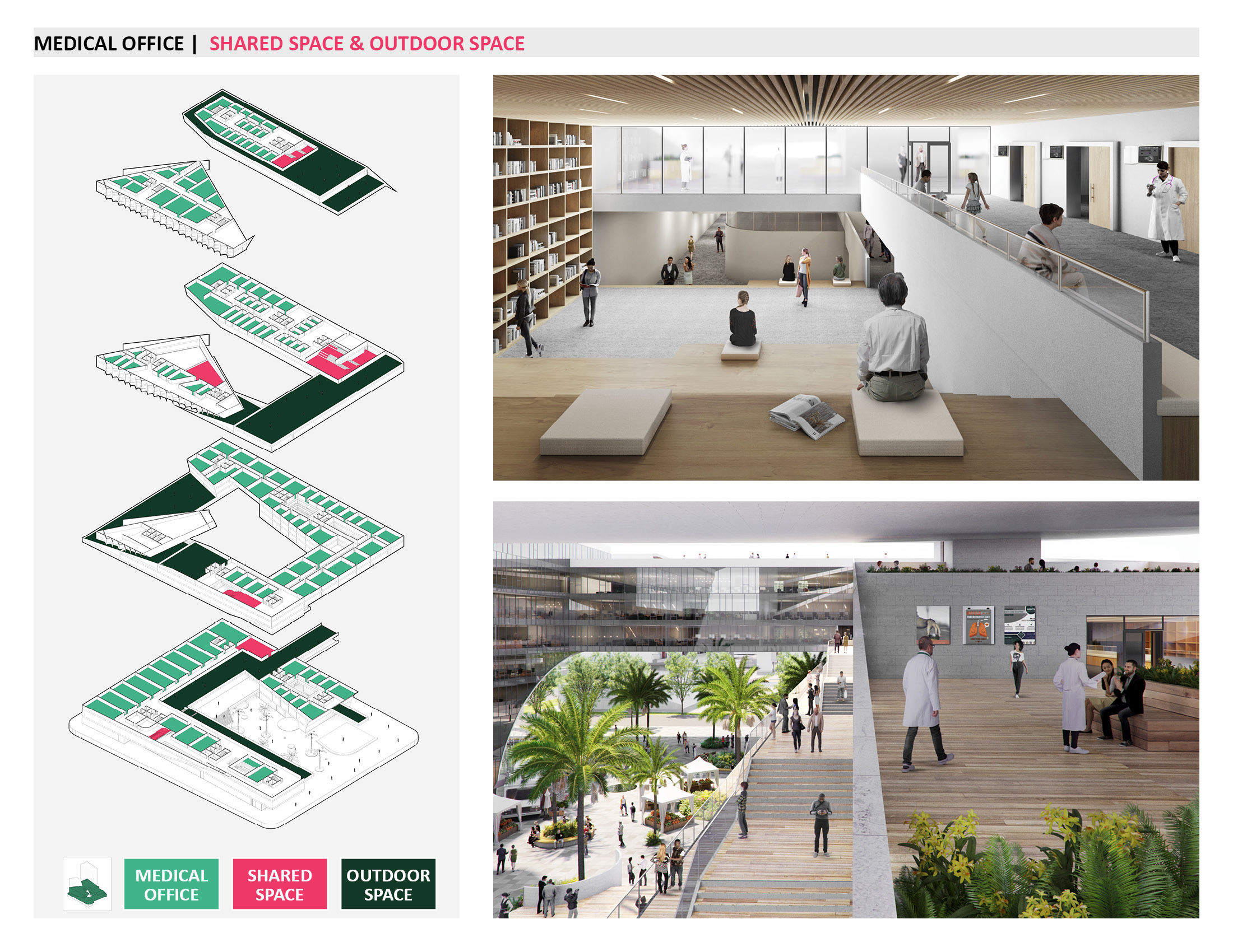 ollage graphic of medical offices; bottom visualization shows the roof plaza and amphitheater space with weathered wood floors, greenery and sitting spaces for doctors and patients; top visualization shows an internal communal space defined by floor to ceiling bookshelves and double height sitting spaces with wood details