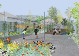 Rendering showing people in an urban garden.