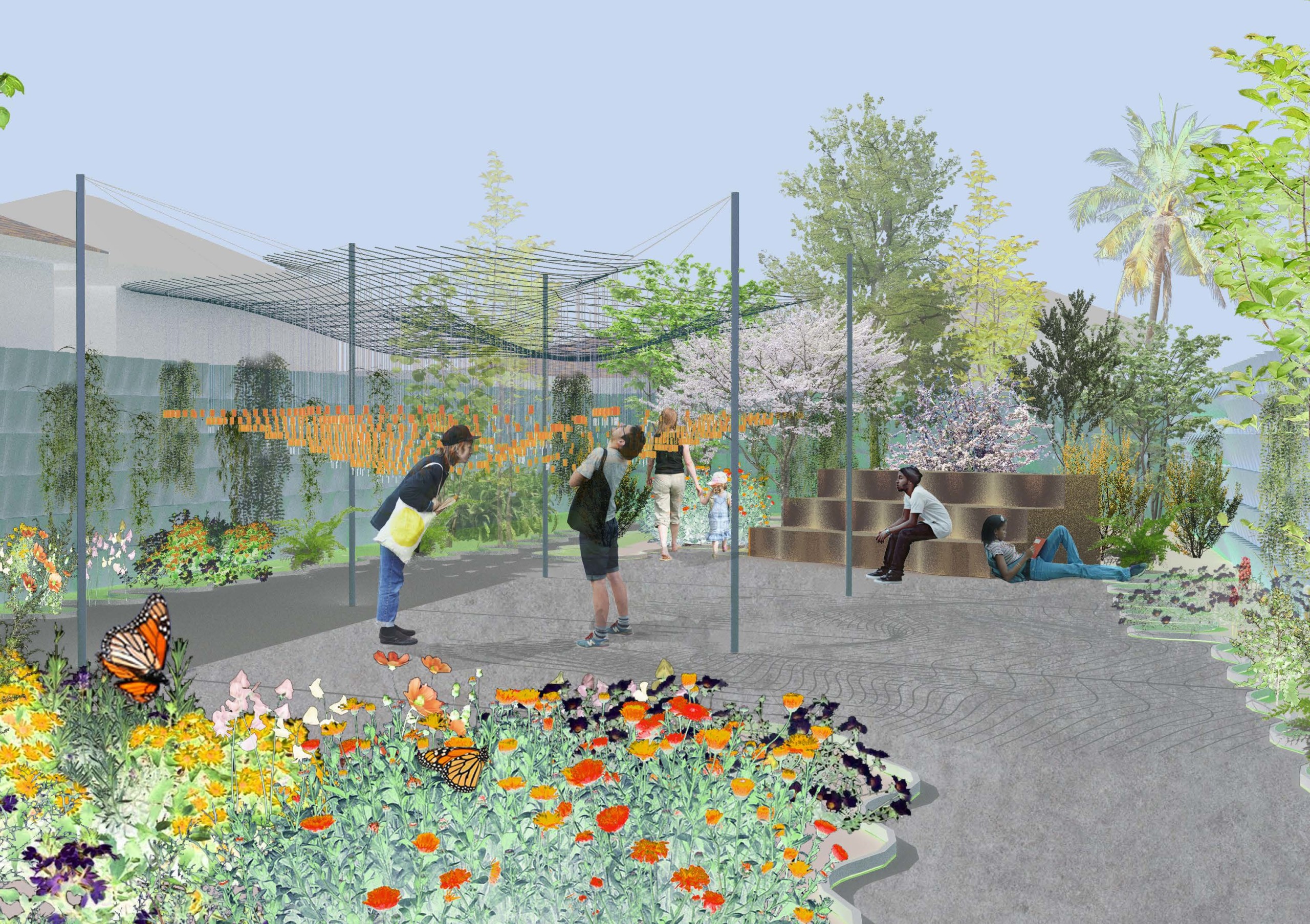 Rendering showing people in an urban garden.