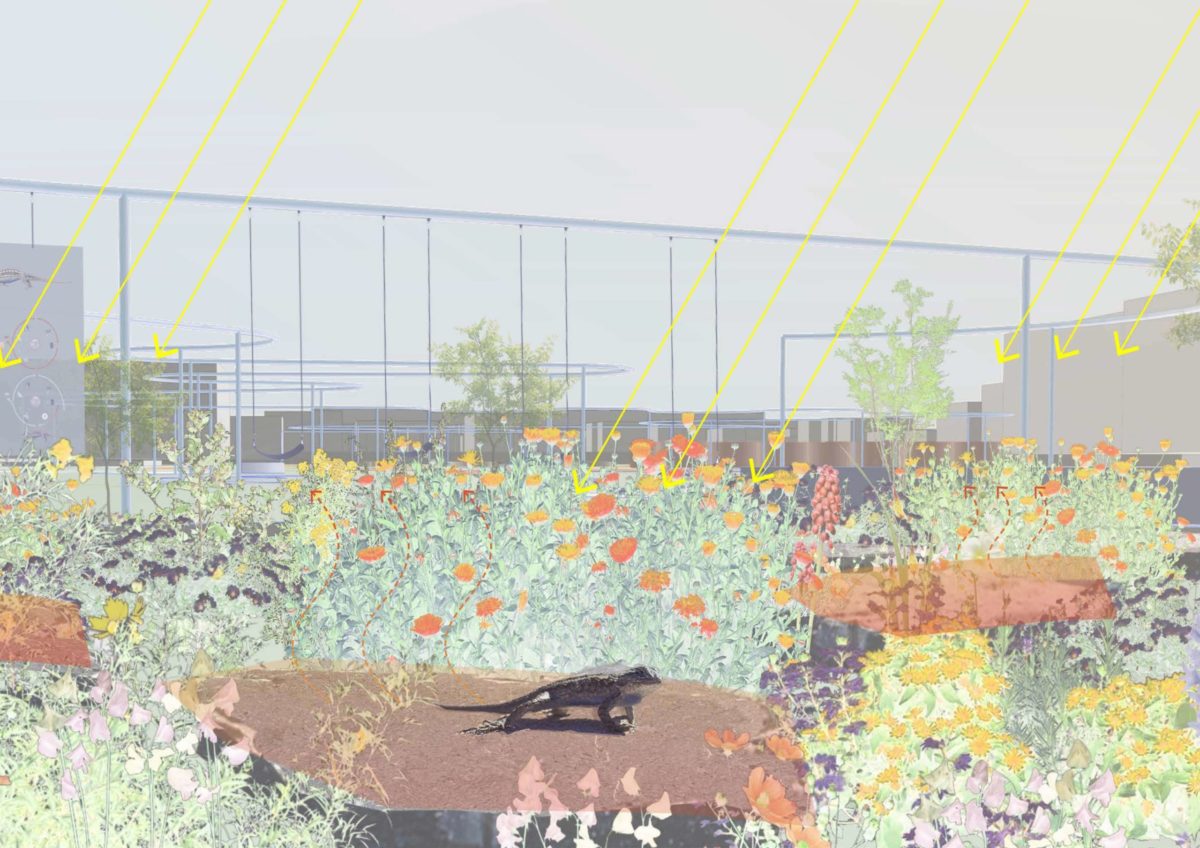 Rendering showing a lizard surrounded by flowers in the city.