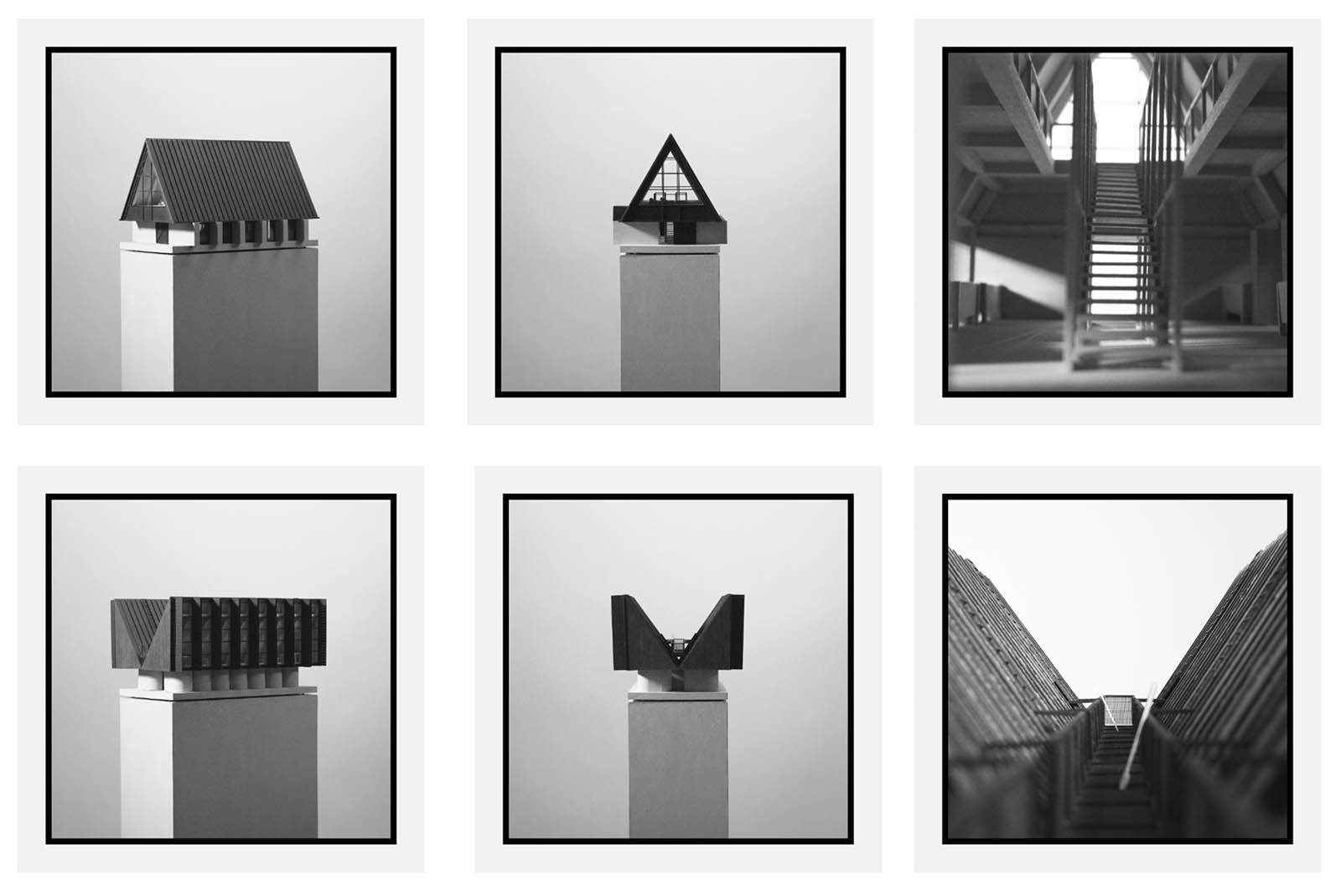 Six black and white images of wood architectural models; three exterior shots with sloped roofs and two interior shots showing details and staircase