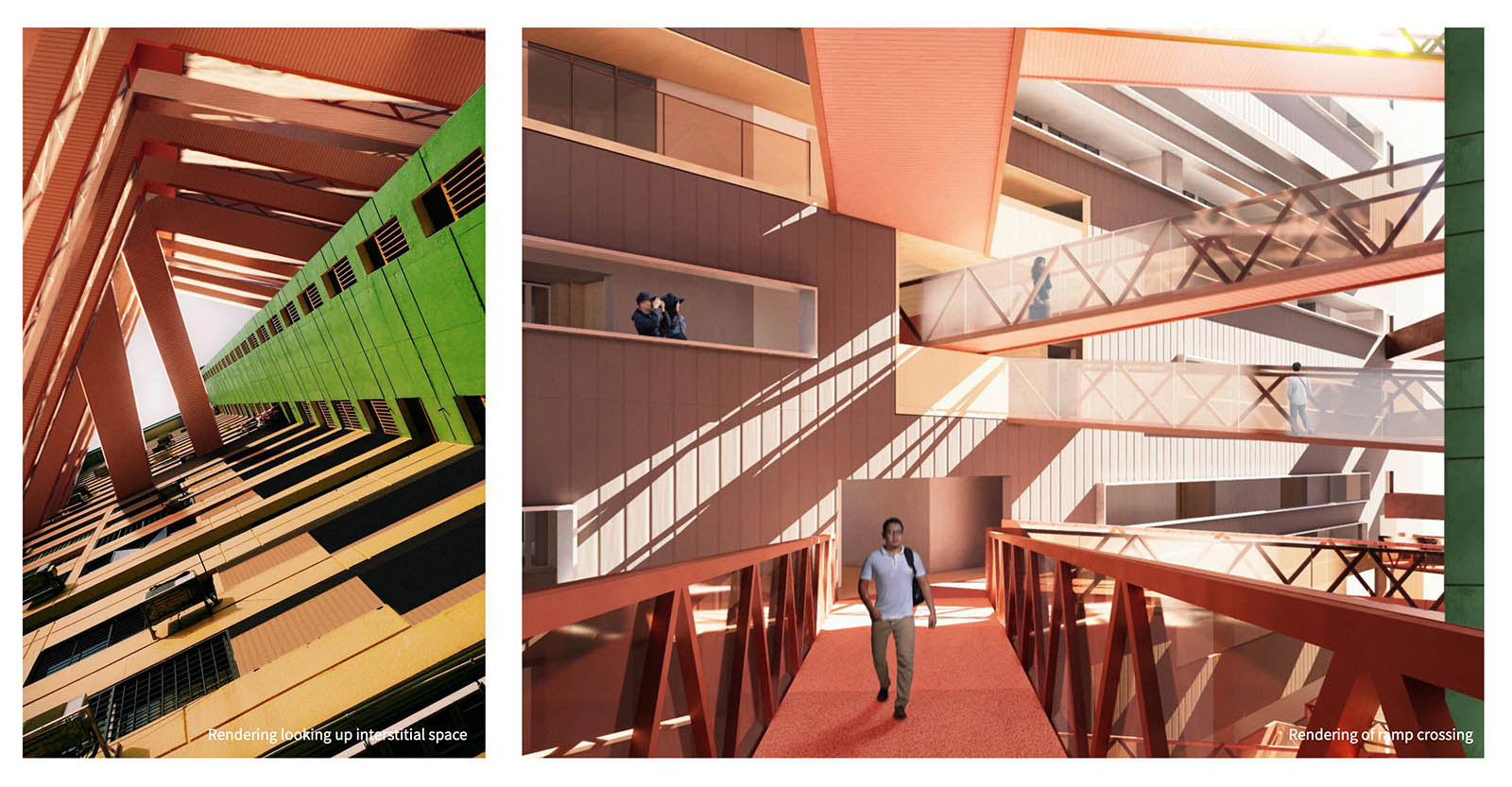 Composite of two images one looking up interstitial space and the other is a rendering of ramp crossing