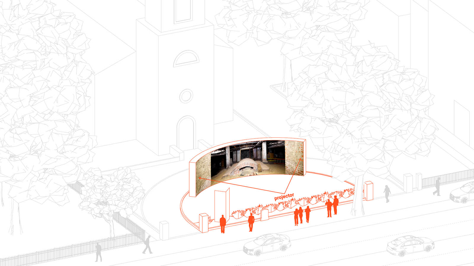 Diagram of the church site featuring a curved wall with projection