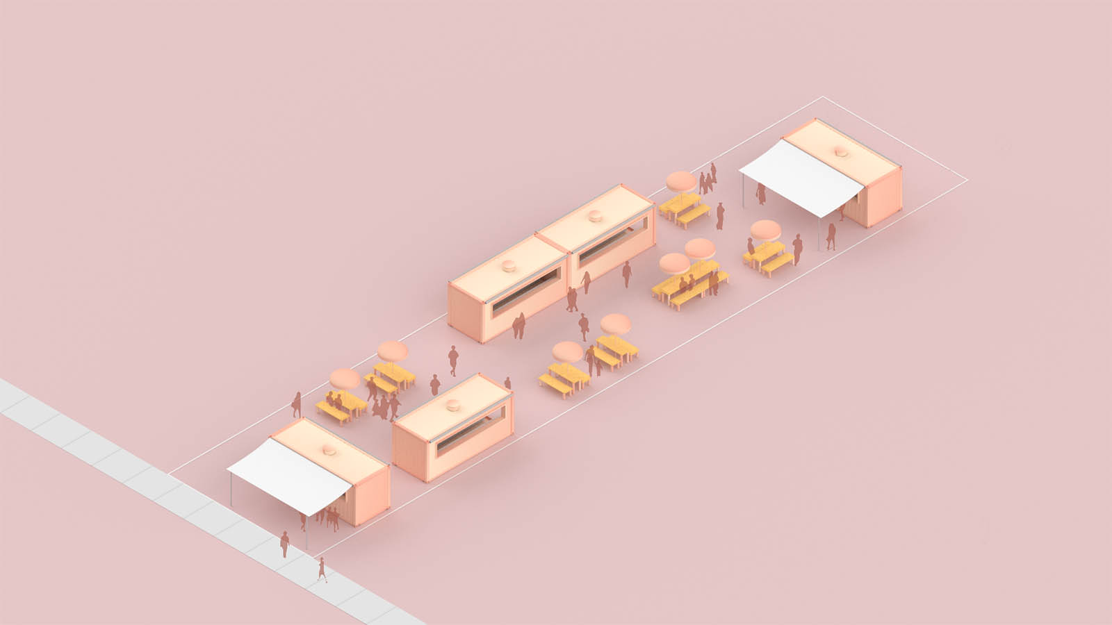visualization of five buildings and seven outdoor tables with umbrellas
