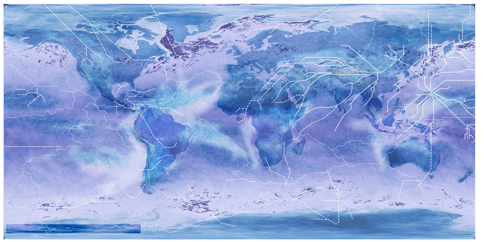 map of the world showing the global sky river in shades of blue, purple and turquoise