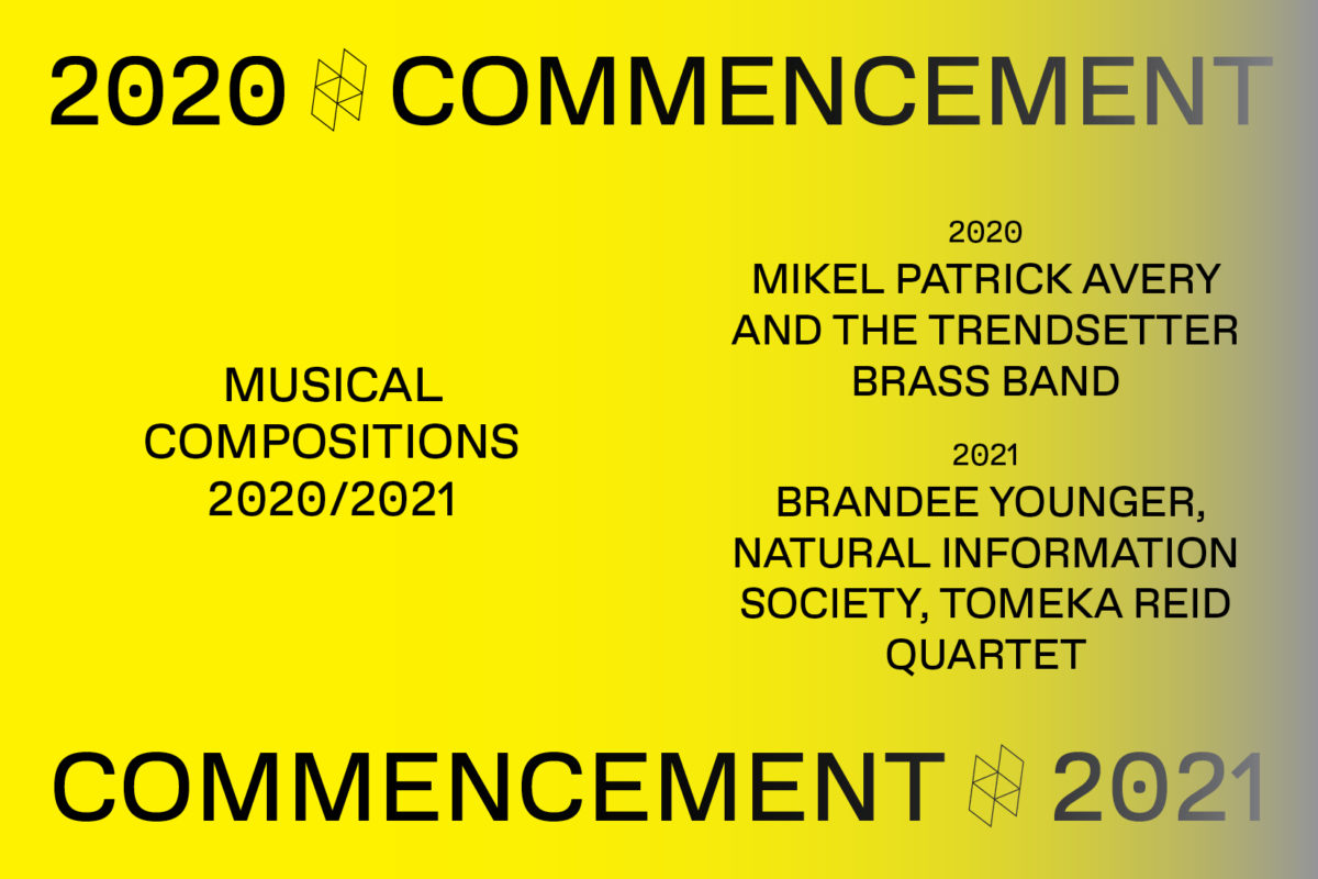 Text tile reading out the names of performers in the 2020 and 2021 Commencements