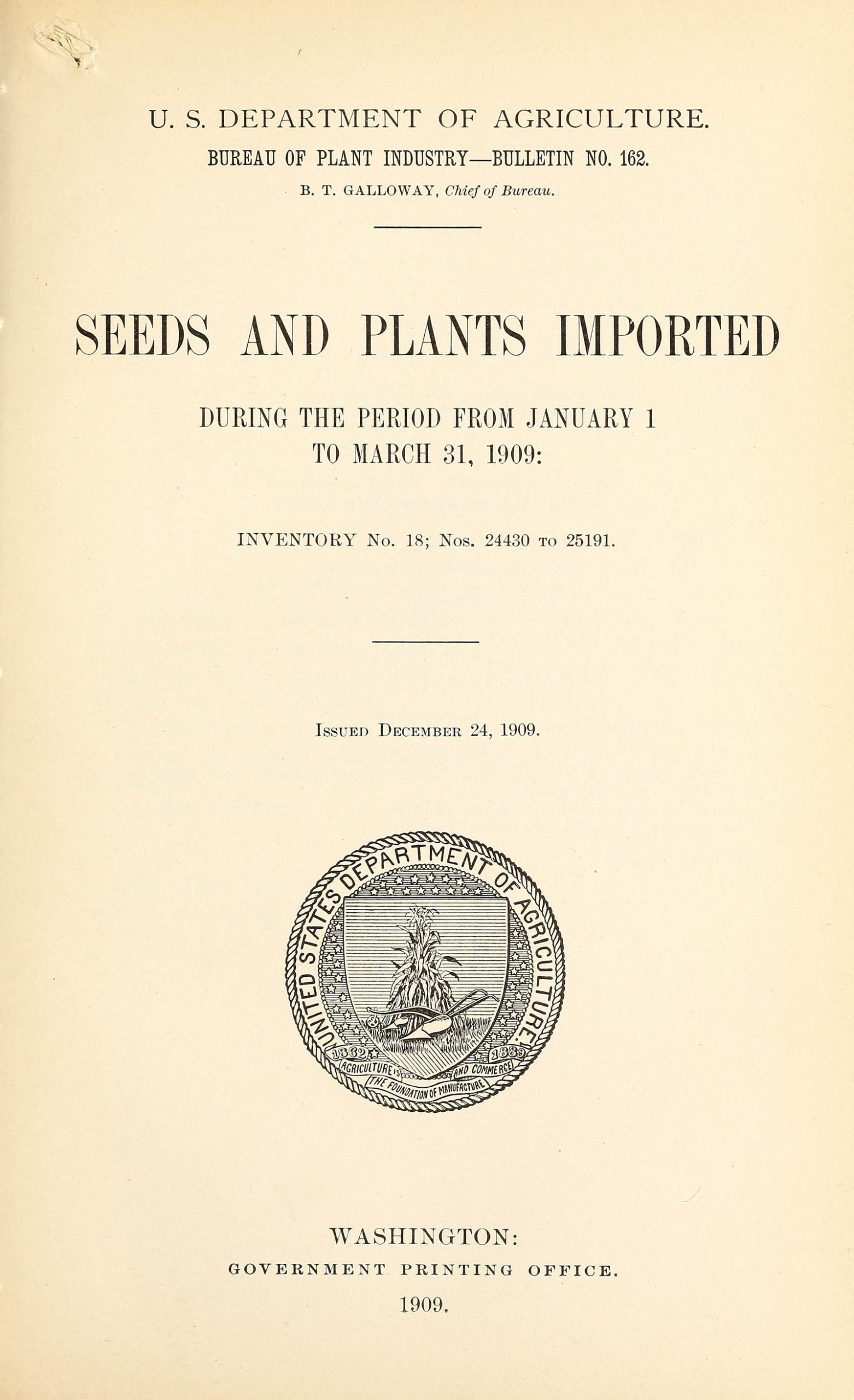 Page from Seeds and Plants Imported from January 1 to March 31, 1909, Inventory no. 18, Dec 1909