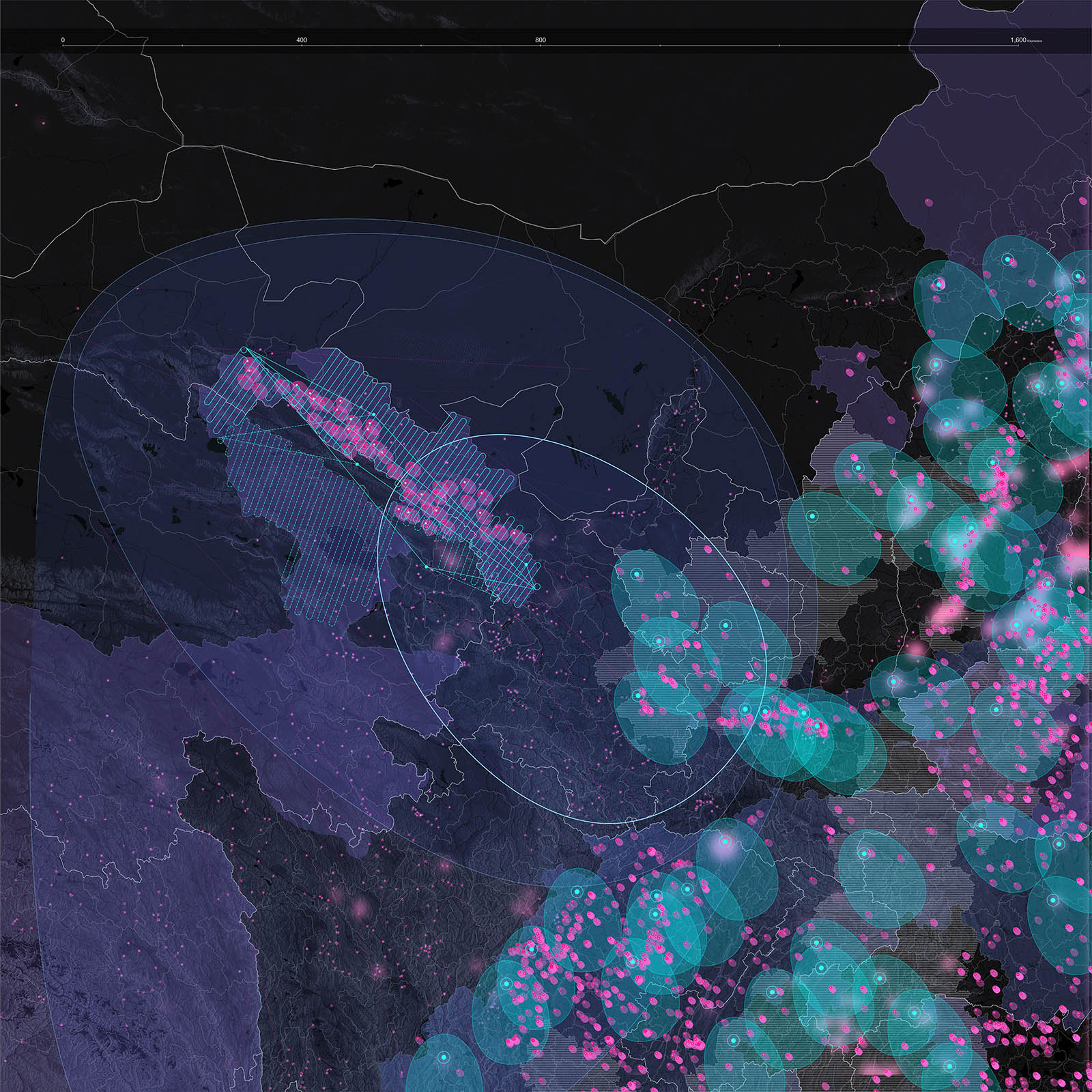 blue, turquoise, purple and pink abstract map