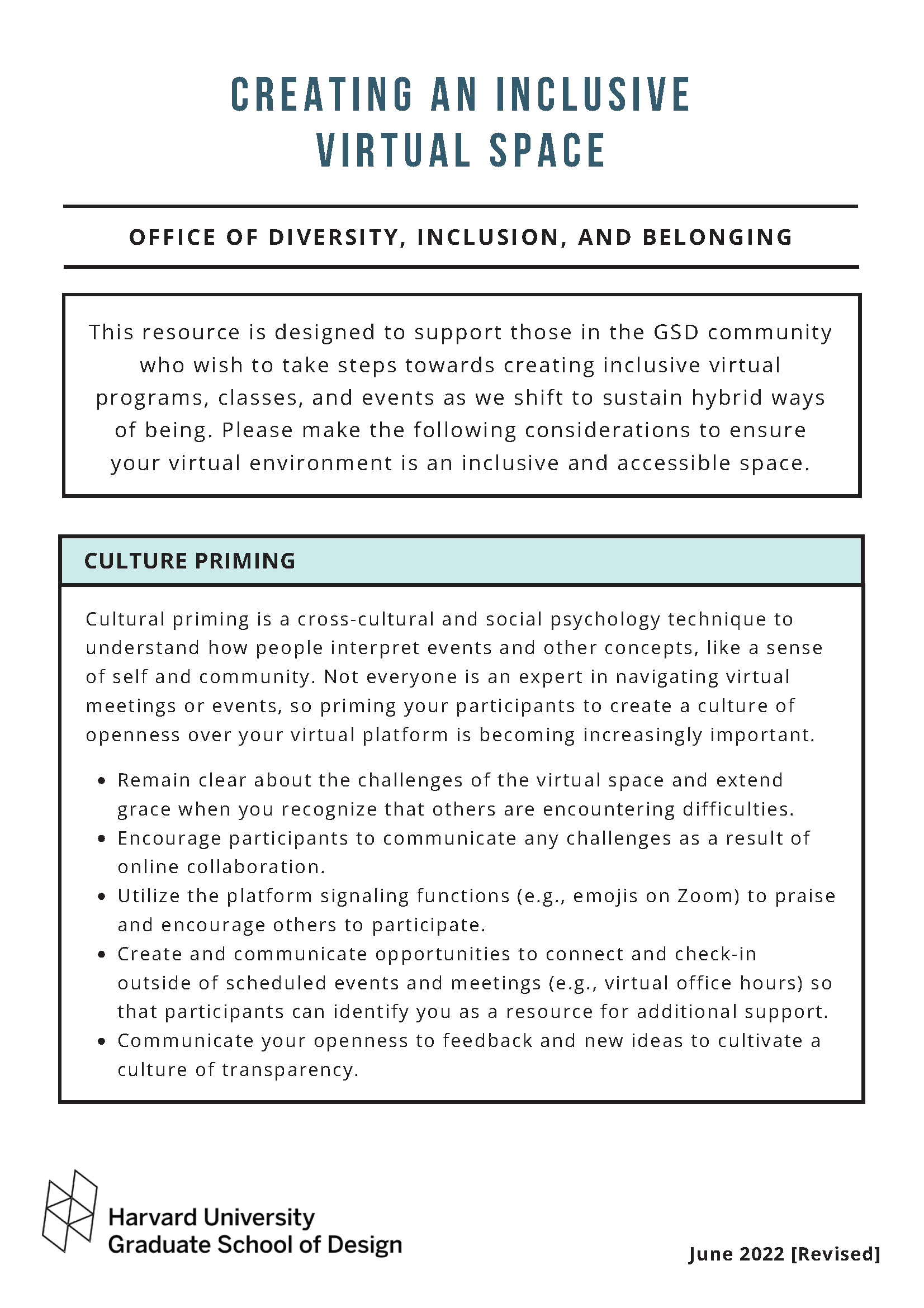 Page one of Creating an Inclusive Virtual Space Resource Guide. Right click for a screenreader accessible PDF.