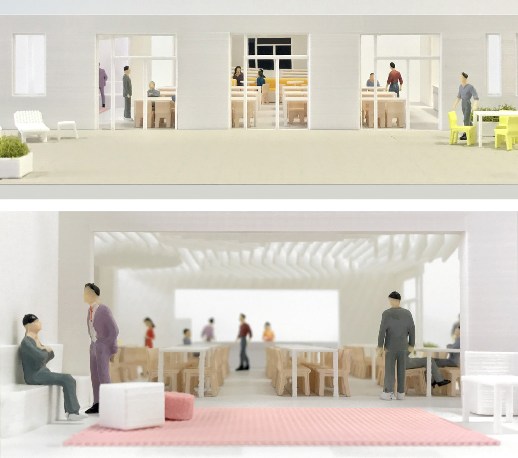 A scale model populated with human figures interacting and flexible furniture pieces. The space has been designed to accomodate large groups of people co-living.