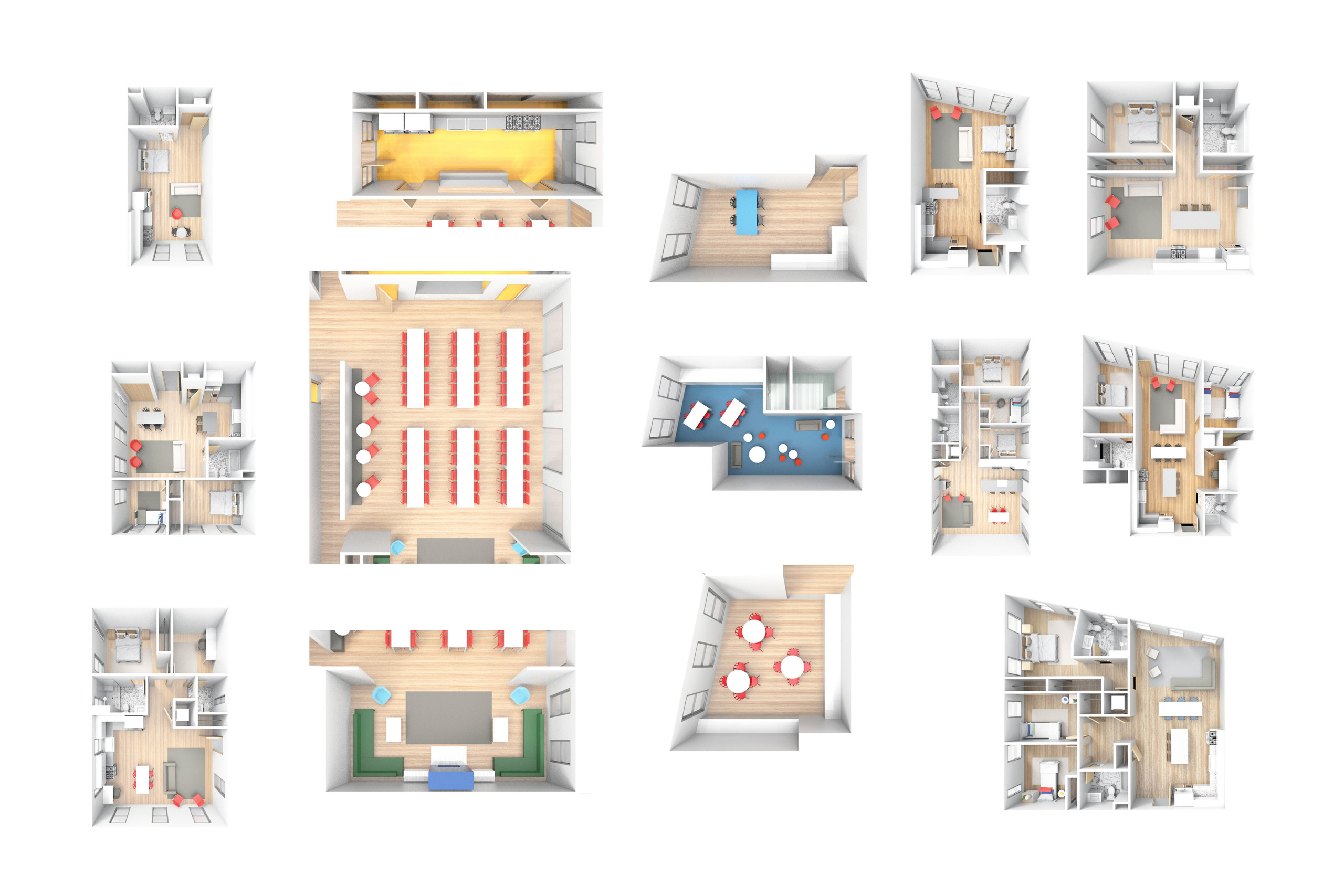 Rendered rooms from a top down view arranged into rows. Each room accommodates a different type of co-living, from dining halls to lounge spaces and more