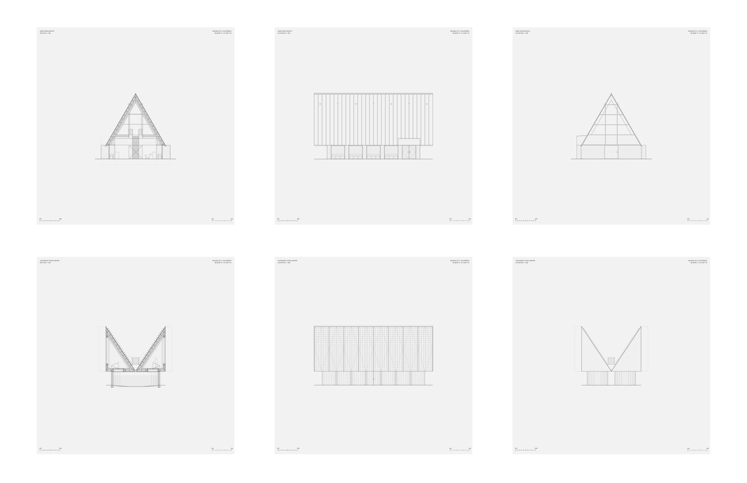 Set of six elevation and section drawings.