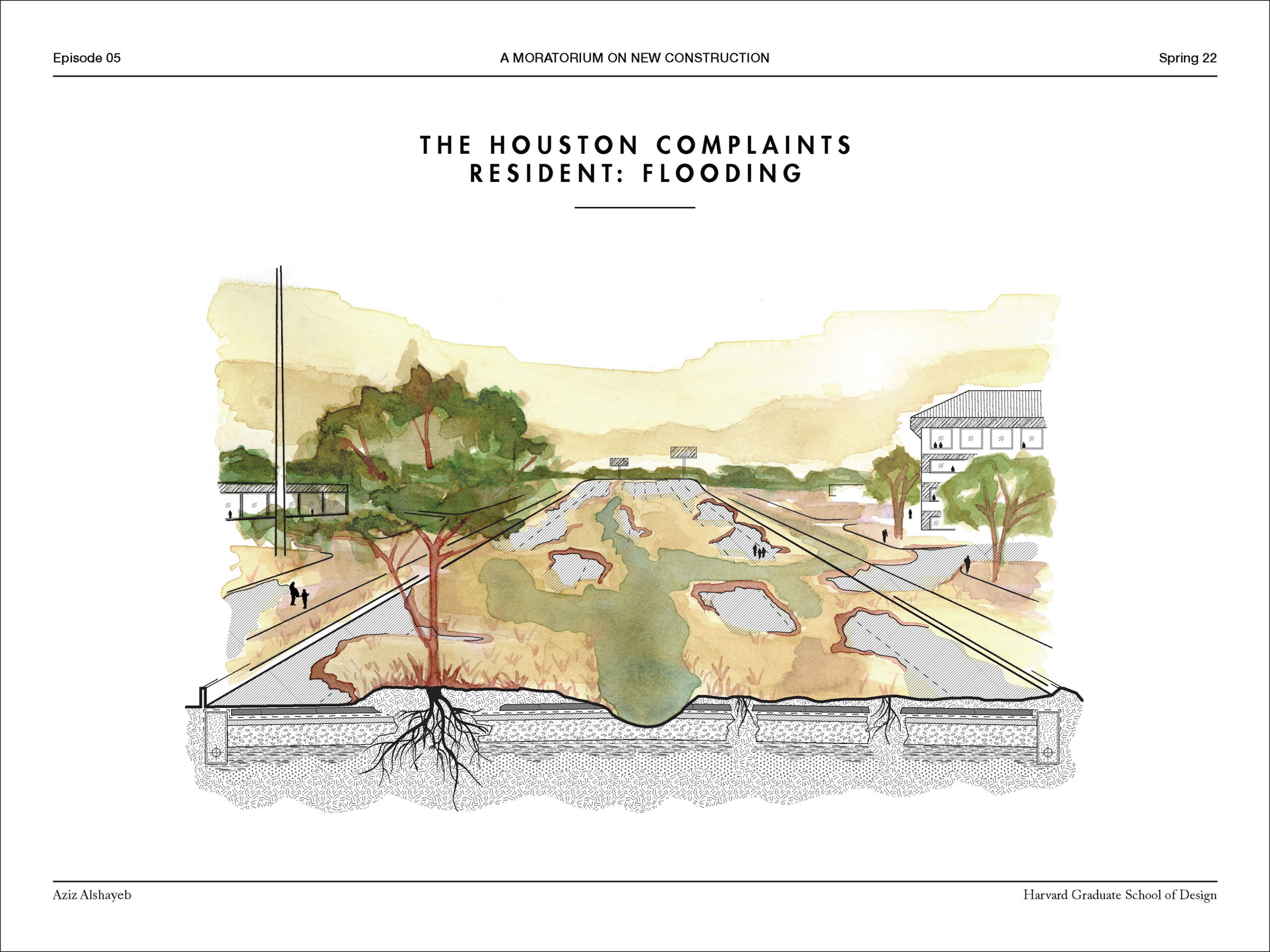 Section drawing through a road in a residential area that is flooded.