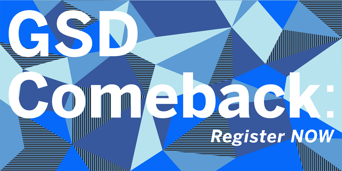 Blue geometric graphic with white text that reads