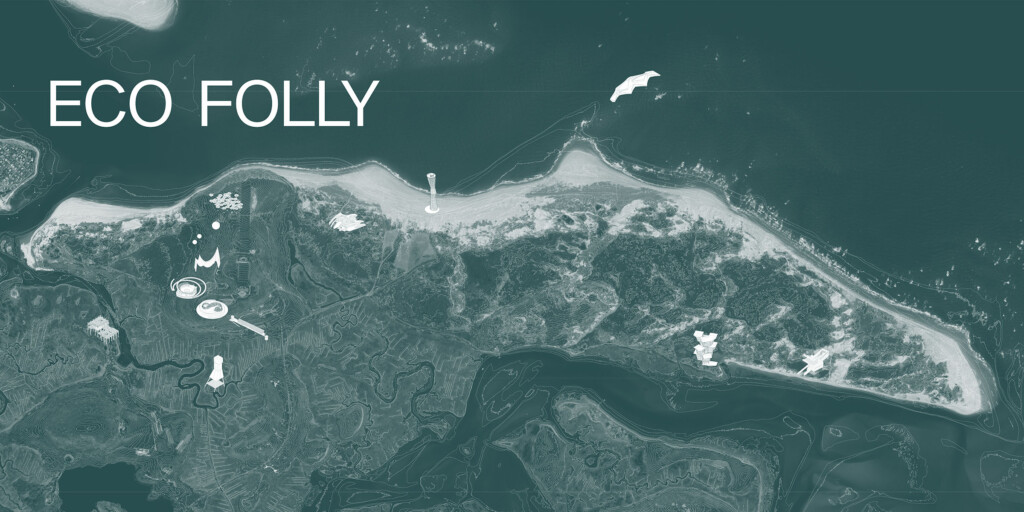 Eco Folly title banner. featuring a plan view of the site of intervension, with 10 icons representing the student projects