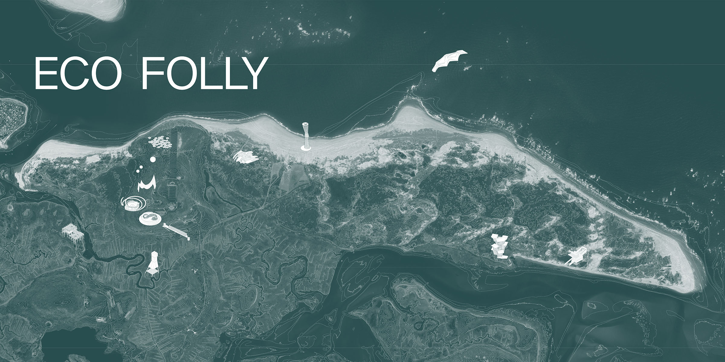 Eco Folly title banner. featuring a plan view of the site of intervension, with 10 icons representing the student projects