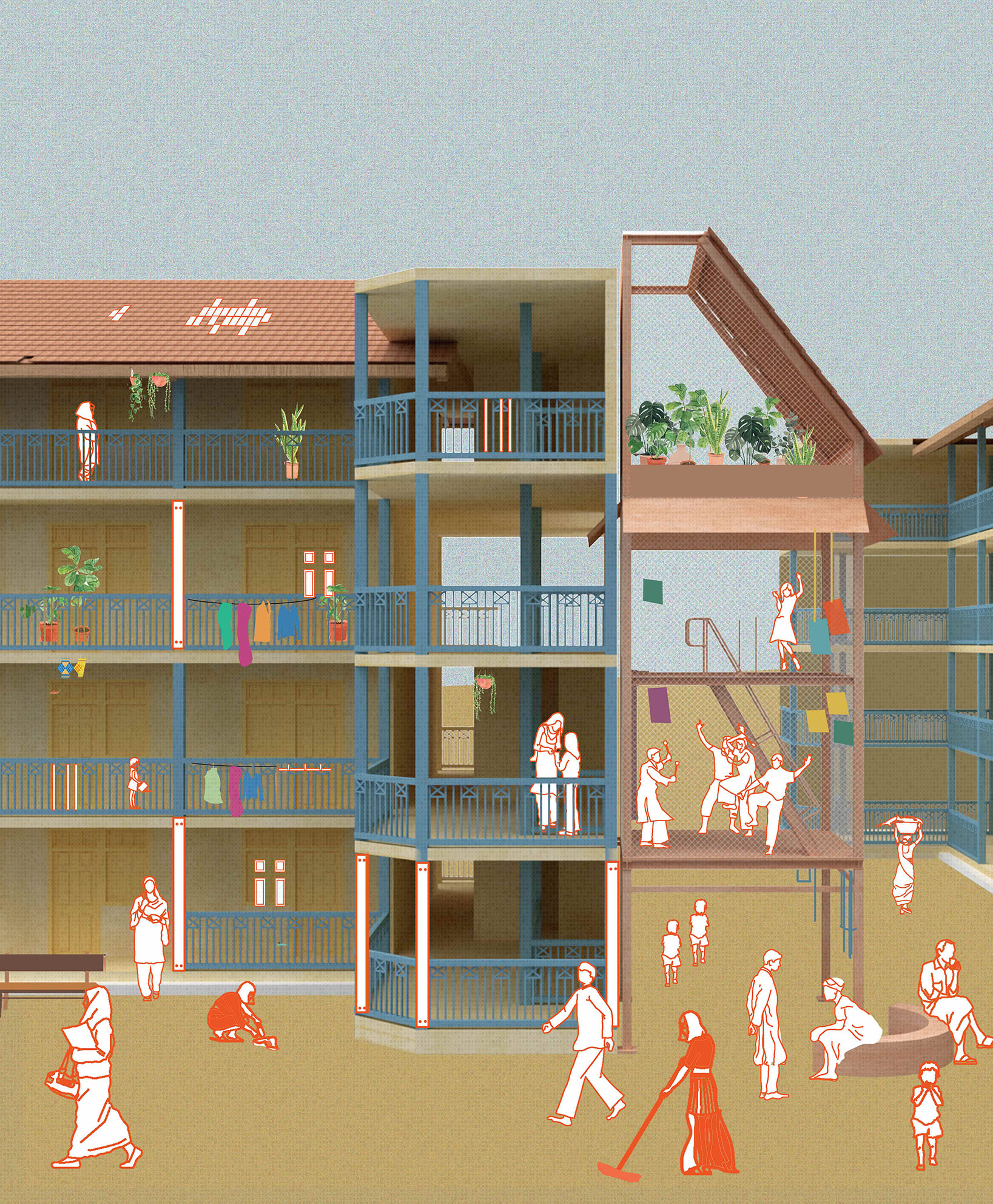 Rendered section drawing bubbling with people living within the integrated housing units.